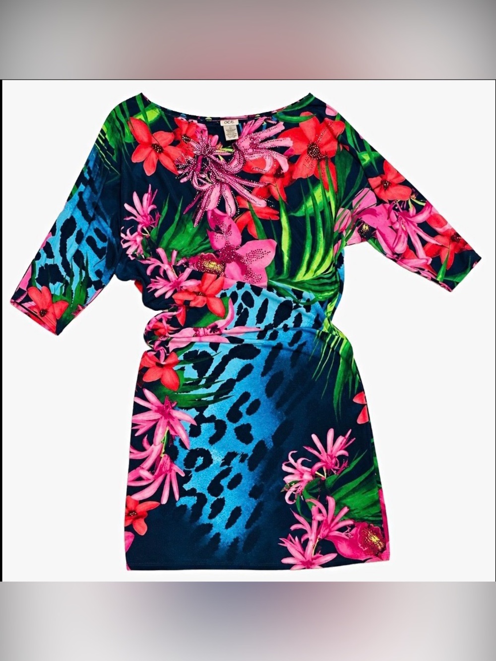 Caché Tropical Leopard Print Crystal Ruched off shoulder Bodycon Dress M